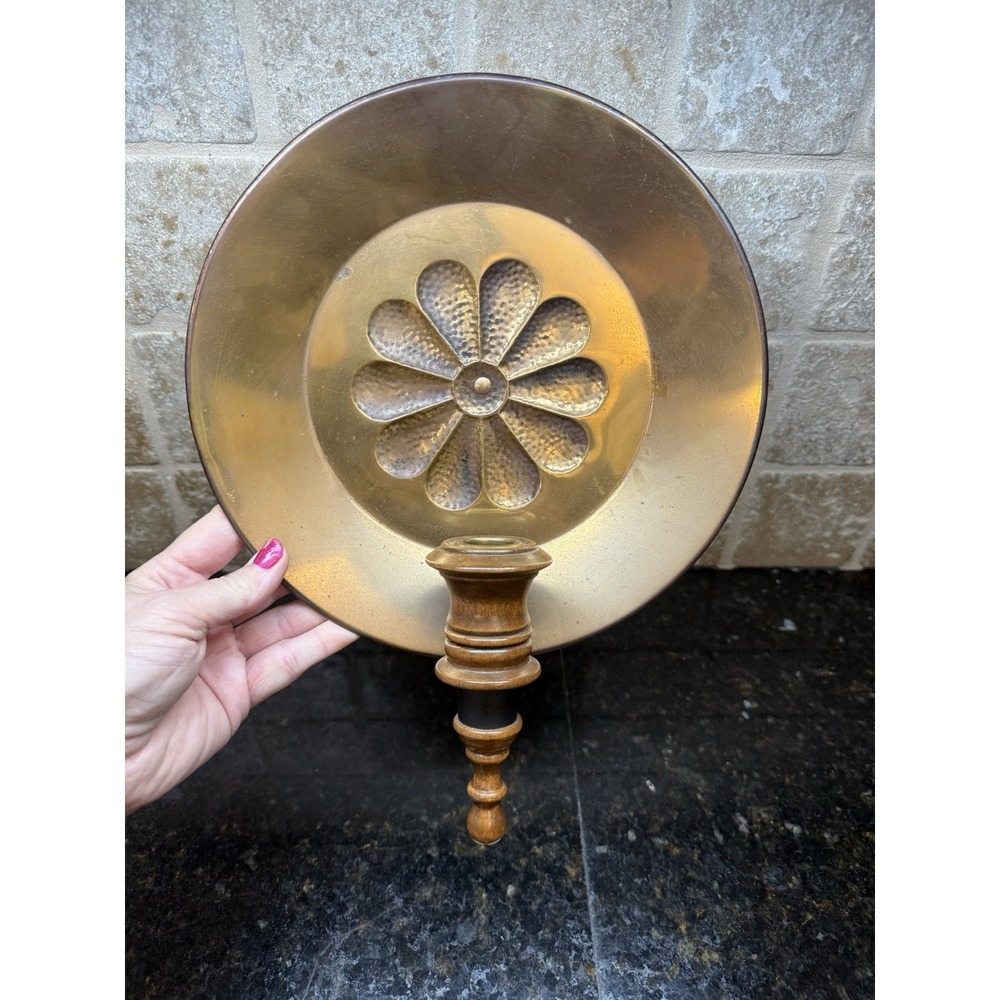 Vintage Brass Wood Wall Reflector Sconce Candle Holder Flower Embossed Colonial